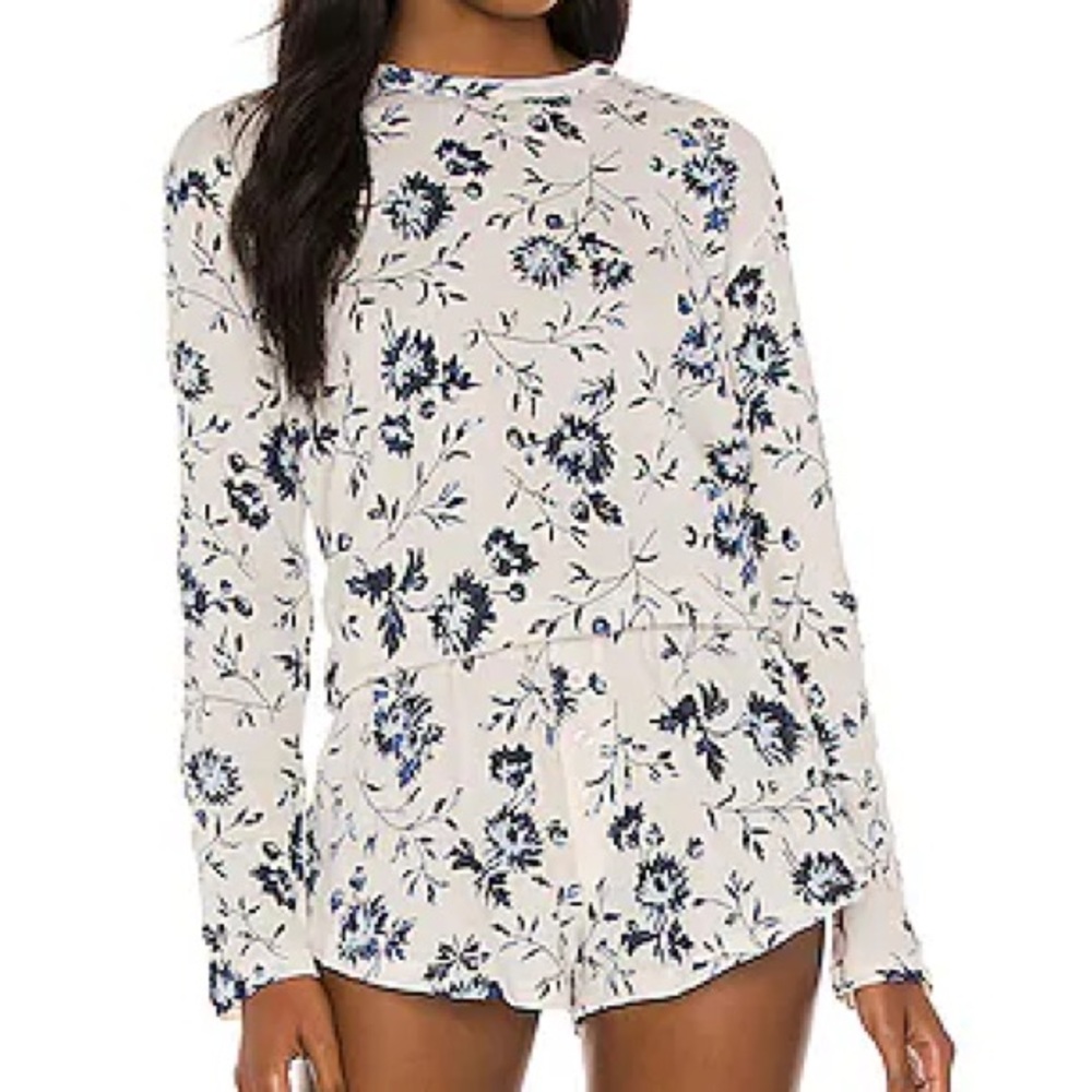 THE GREAT. Long Sleeve Sleep Tee Top Midnight Autumn Floral Blue White 2 Medium